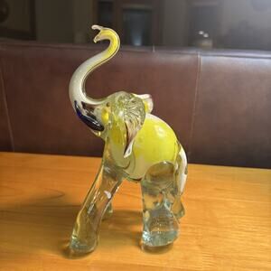 Murano Barovier Style Art Glass Elephant Blue Yellow White w/ Bubbles 8.5" Tall